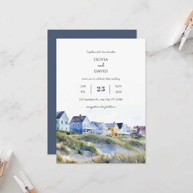 Invitación Encantadora boda en la playa de casas costeras enc (Anverso/Reverso In Situ)