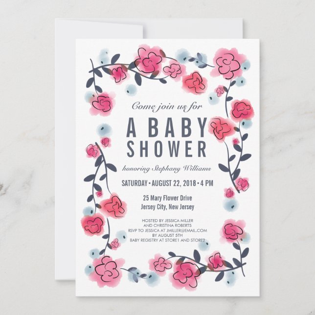 Invitación Encantadora Bonito Baby Shower de Chica con flores (Anverso)