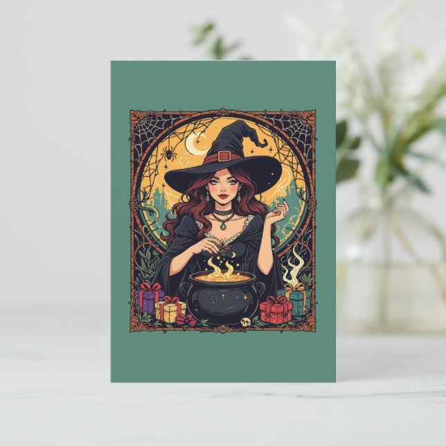 Invitación Encantadora Bruja Con Arañas (Anverso de pie)