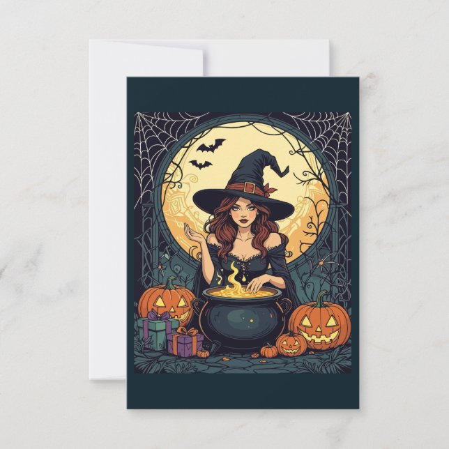 Invitación Encantadora Bruja con arañas y Jack (Anverso)