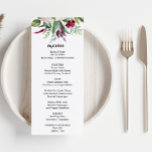 Invitación Encantadora carta de menú de cena con flores tropi<br><div class="desc">Esta encantadora carta tropical llena de vegetación es perfecta para un boda rústico. Este encantador diseño pintado a mano presenta flores preciosas de color rubia, violeta y verde follaje cuidadosamente dispuestos en elegantes ramos. Este menú se puede utilizar para la recepción de bodas, la cena de ensayo, la ducha de...</div>
