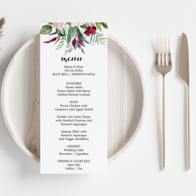 Invitación Encantadora carta de menú de cena con flores tropi (Subido por el creador)