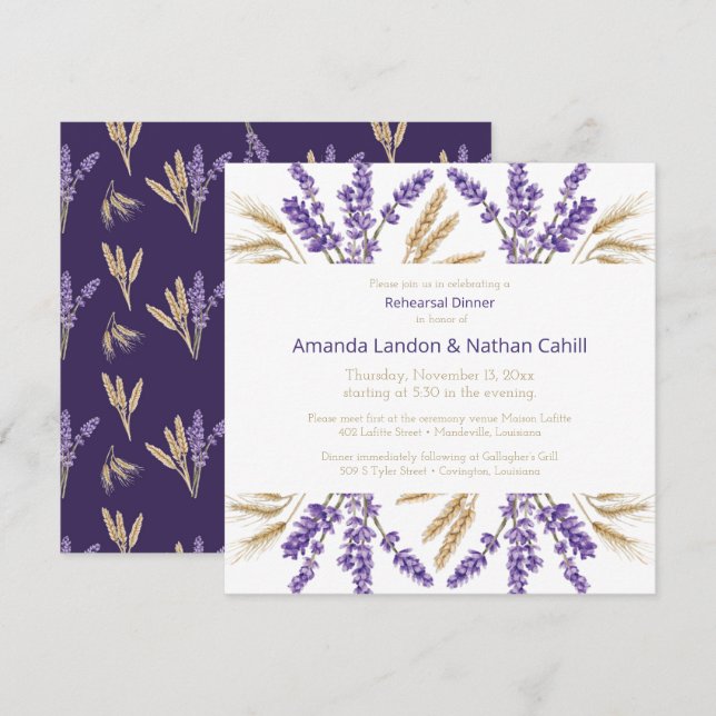Invitación Encantadora cena de Lavanda y Trigo (Anverso / Reverso)