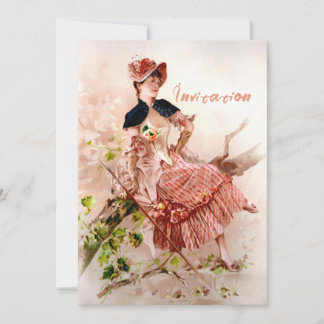 Invitación Encantadora Dama Vintage con Vestido Rosa