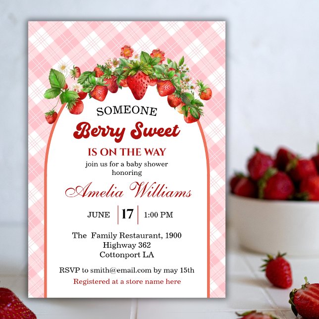 Invitación Encantadora Ducha de Bebé de Cuadro de Fresa Rosa  (Subido por el creador)