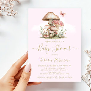 Invitación Encantadora Ducha de Bebé en el Bosque Rosa de Hon