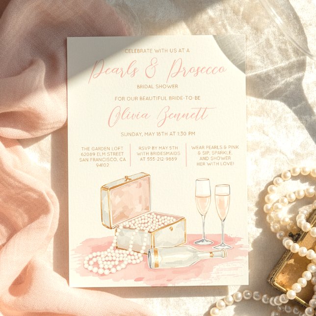 Invitación Encantadora Ducha de Novia con Perlas y Prosecco (Charming Elegant Pearls & Prosecco Bridal Shower Invitation
)