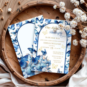 Invitación Encantadora Fiesta de Bebé de la Mariposa Azul Dor