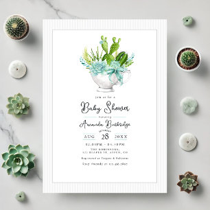 Invitación Encantadora Fiesta de Bebé en Taza de Té con Sucul