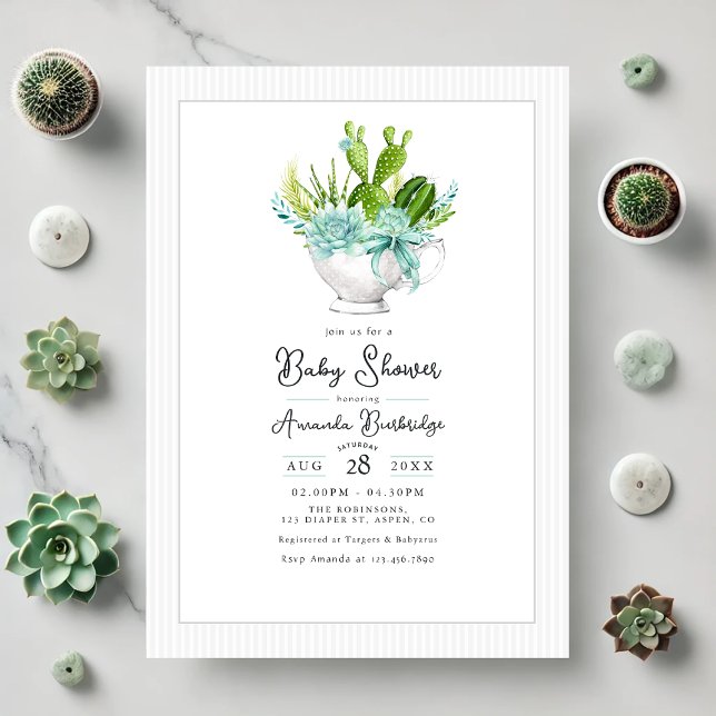 Invitación Encantadora Fiesta de Bebé en Taza de Té con Sucul (Charming Succulent Teacup Baby Shower Invitation)