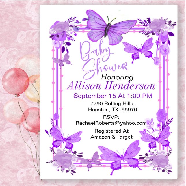 Invitación Encantadora Fiesta de Bebé Mariposa Morada y Lavan (Subido por el creador)