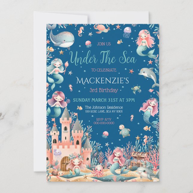 Invitación Encantadora Fiesta de Cumpleaños De La Sirena De M (Anverso)