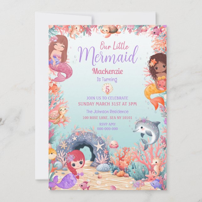 Invitación Encantadora Fiesta de Cumpleaños De La Sirena De M (Anverso)