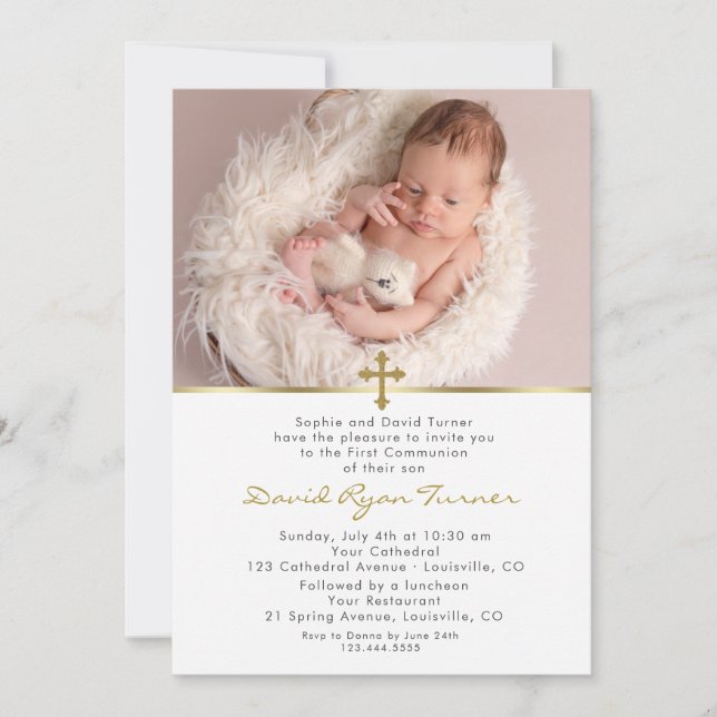 Invitación Encantadora foto bebé cruz de oro Comunión sagrada (Anverso)