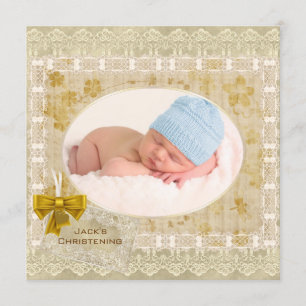 Invitación Encantadora Foto de Bautizo de Niño con Encaje Ant