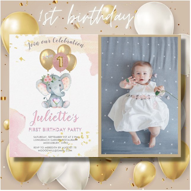 Invitación Encantadora foto de elefante rosa Chica de primer  (Subido por el creador)