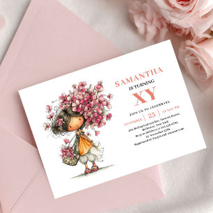 Invitación Encantadora niña hada cumpleaños 9 floral rosa