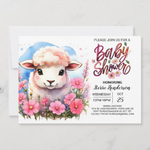 Invitación Encantadora oveja acuarela Chica rosa Baby Shower