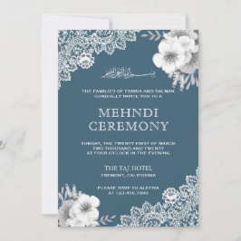 Invitación Encantadora Punta de Encaje Floral Azul Islámica M