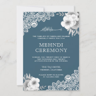 Invitación Encantadora Punta de Encaje Floral Azul Islámica M