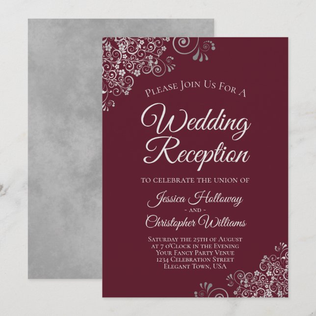 Invitación Encantadora Recepción de Boda con Encaje de Plata  (Anverso / Reverso)