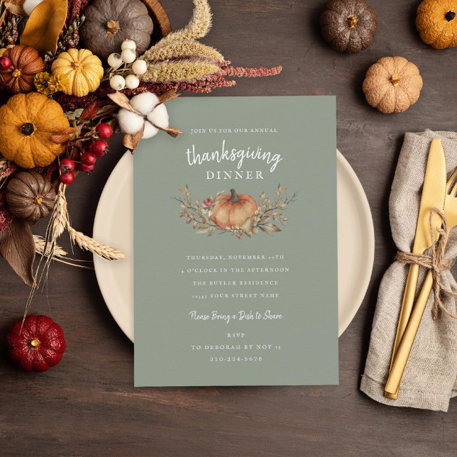 Invitación Encantadora Sage Calabaza de otoño Día de Acción d (Subido por el creador)