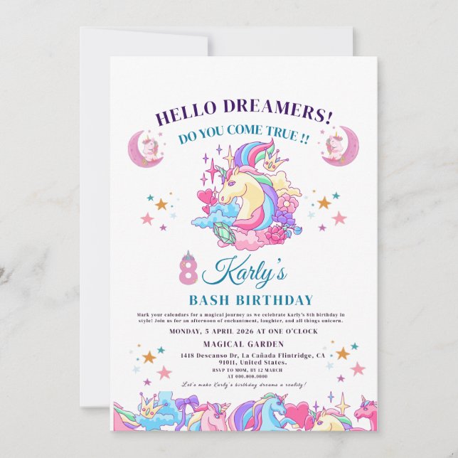 Invitación 🌈 ✨ encantadora Unicornio 8 cumpleaños karly mági (Anverso)