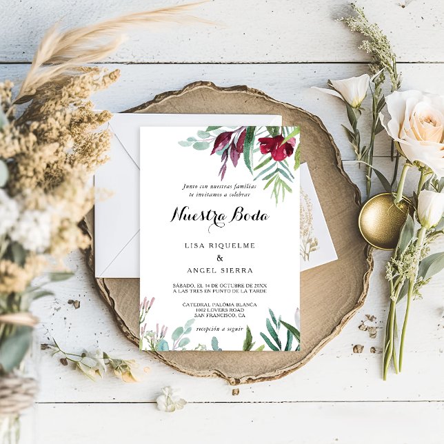 Invitación Encantadora vegetación tropical floral Boda españo (Subido por el creador)