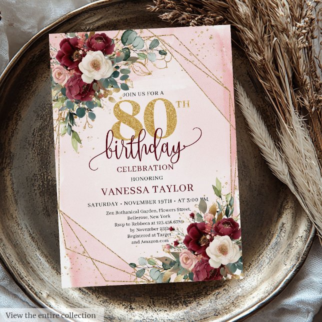 Invitación Encantadores Boho Dark Red Gold Rosas 80 cumpleaño (Charming Boho Dark Red Gold Roses 80th Birthday Invitation)