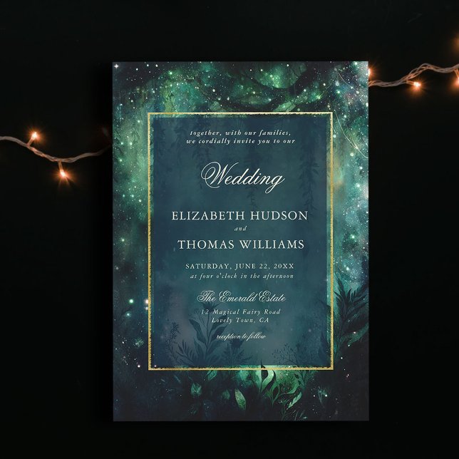 Invitación Encantados Forestales Faux Gold Frame Elegante Bod (enchanted forest wedding invitation elegant frame faux gold magical fairy greenery garden foliage)