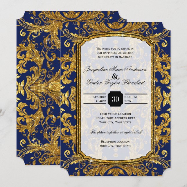 Invitación Encanto barroco del falso del oro del damasco (Anverso / Reverso)