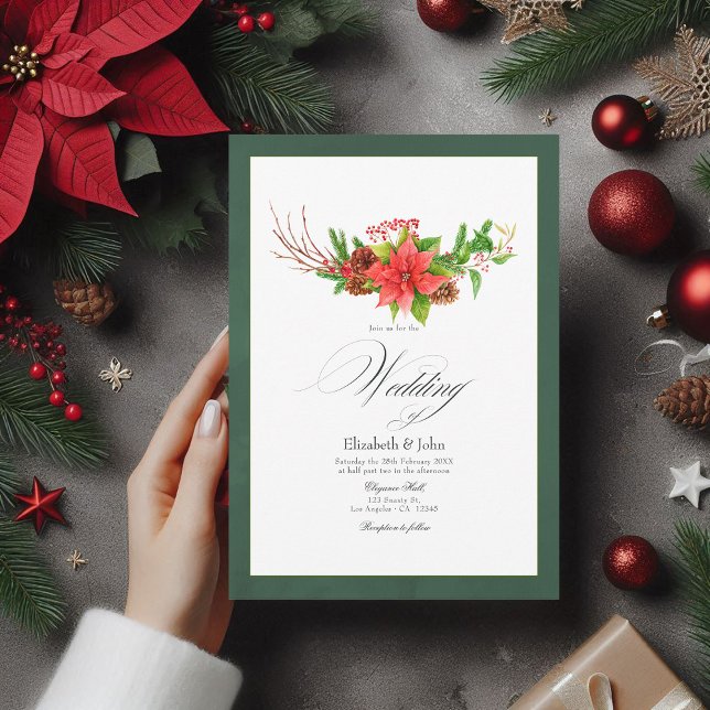 Invitación Encanto Boda de Navidades de poinsettia y pino (Poinsettia and Pine Christmas Wedding Charm Invitation)