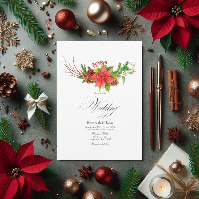 Invitación Encanto Boda de Navidades de poinsettia y pino (Poinsettia and Pine Christmas Wedding Charm Invitation)