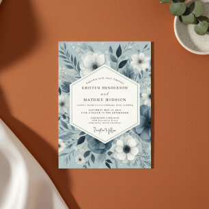 Invitación Encanto Botánico Azul Pizarra para Bodas