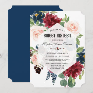 Invitación Encanto Burgundy Azul Marino Floral Hexágono Sweet