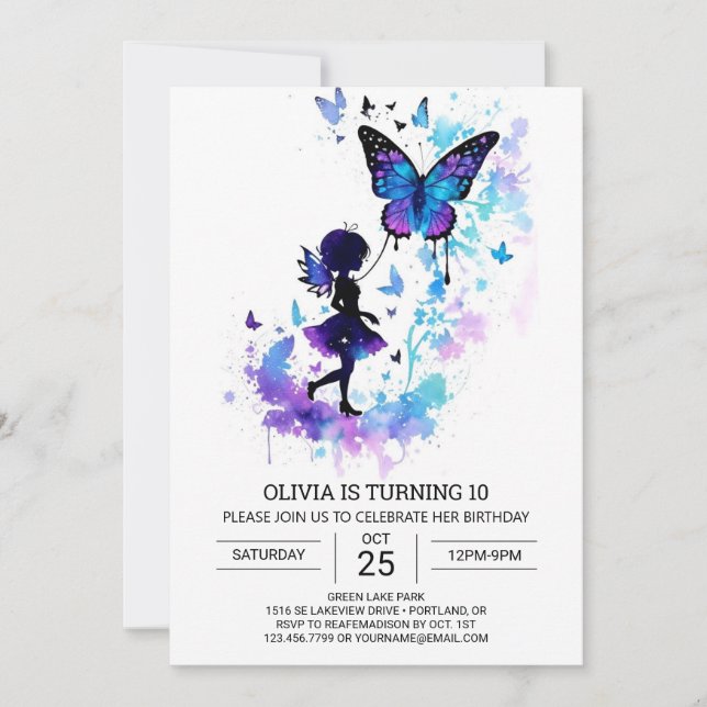 Invitación Encanto de cumpleaños de hadas de mariposa digital (Anverso)