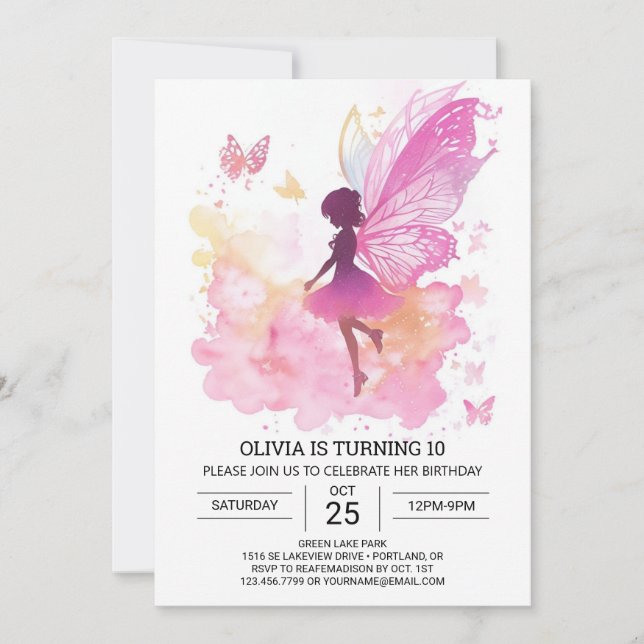 Invitación Encanto de cumpleaños de hadas de mariposa digital (Anverso)