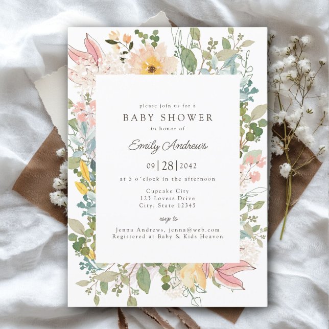 Invitación Encanto de Jardín de Flores Silvestres | Baby Show (Wildflower Garden Charm | Baby Shower White - Pastel Invitation, Print & Download.)