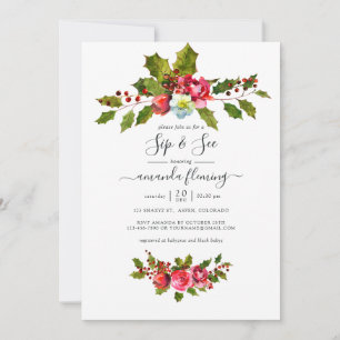 Invitación Encanto de Sip y See de Navidad de Acebo y Hiedra