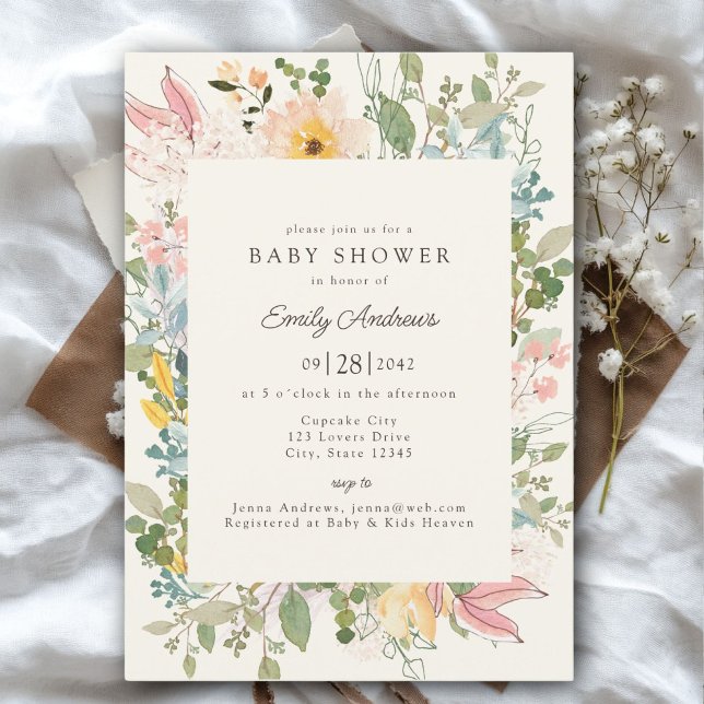 Invitación Encanto del Jardín de Flores Silvestres | Baby Sho (Wildflower Garden Charm | Baby Shower Beige - Pastel Invitation, Print & Download.)