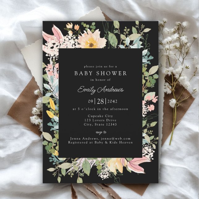 Invitación Encanto del Jardín de Flores Silvestres | Baby Sho (Wildflower Garden Charm | Baby Shower Black - White - Pastel Invitation, Print & Download.)