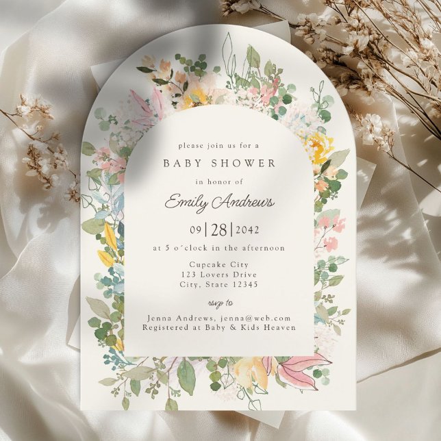 Invitación Encanto del Jardín de Flores Silvestres | Invitaci (Wildflower Garden Charm | Arch Baby Shower Invitation)