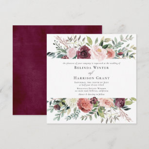 Invitación Encanto Rústico Borgoña Rubor Pink SQ Floral Boda