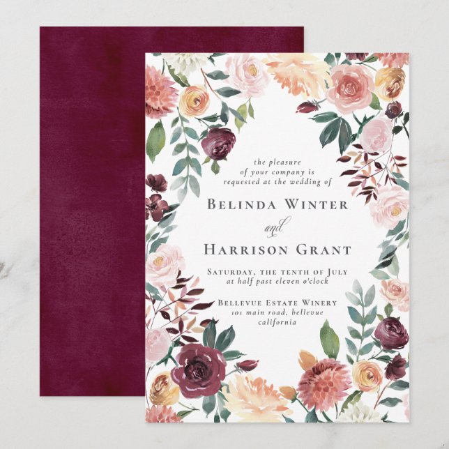 Invitación Encanto rústico Burgundy Rubor Floral Garden Weddi (Anverso / Reverso)
