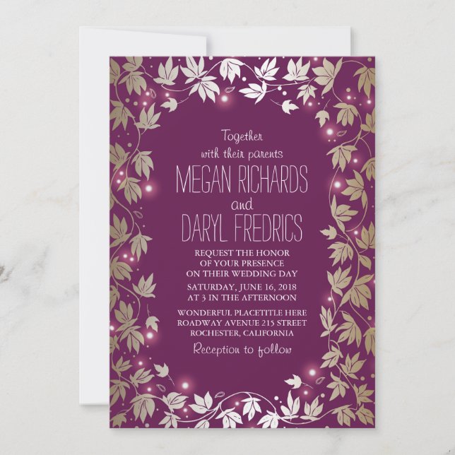 Invitación Encendido de cadenas Plum y Boda Jardín de Oro (Anverso)