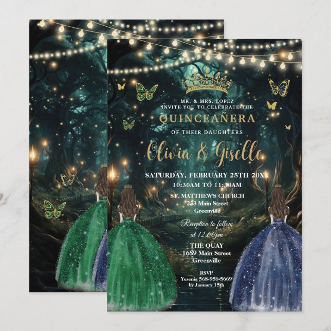 Invitación Enchanted Forest Emerald & Navy Twins Quinceañera (Anverso / Reverso)