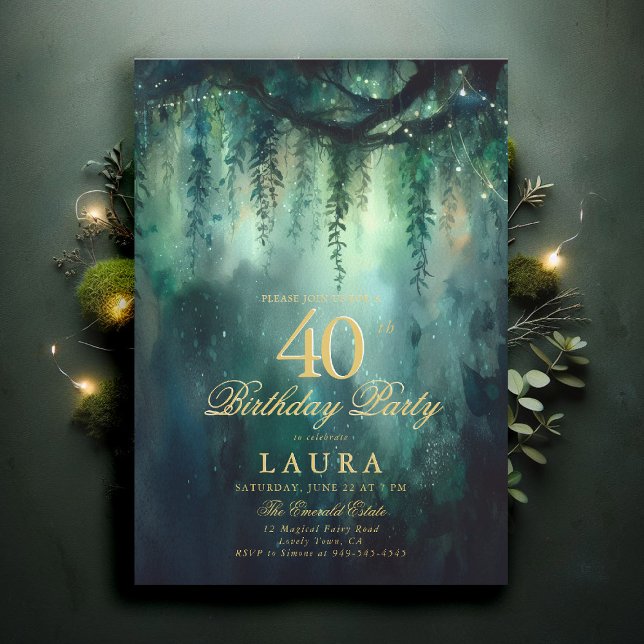 Invitación Enchanted Forest Fairy Gold Greenery 40th Birthday (40th birthday invite for women enchanted forest garden greenery foliage emerald gold woodland fairy)