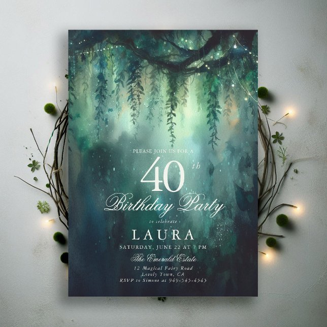 Invitación Enchanted Forest Greenery Fairy 40th Birthday (40th birthday invite for women enchanted forest garden greenery foliage emerald green woodland fairy)