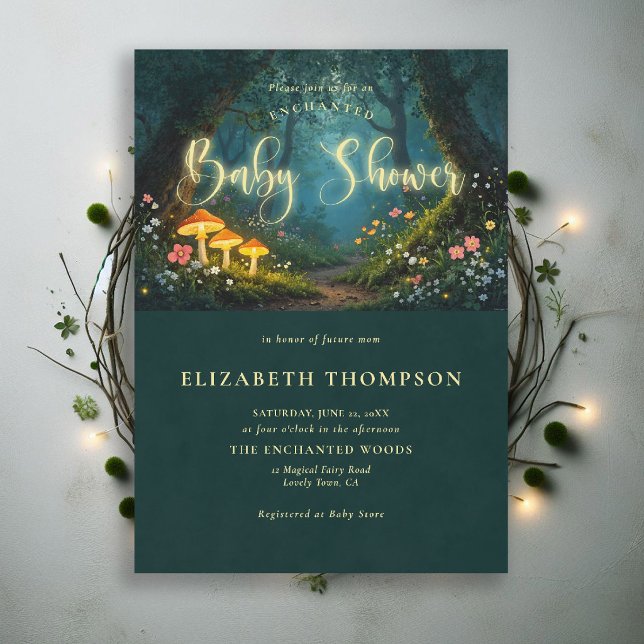 Invitación Enchanted Forest Mushrooms Glow Script Baby Shower (enchanted forest baby shower theme invite magical fairy tale mushrooms woodland wildflowers fantasy )