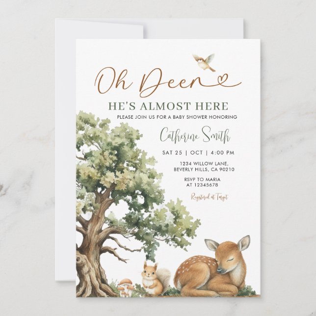 Invitación Enchanted Forest Oh Deer Baby Shower Gingham (Anverso)